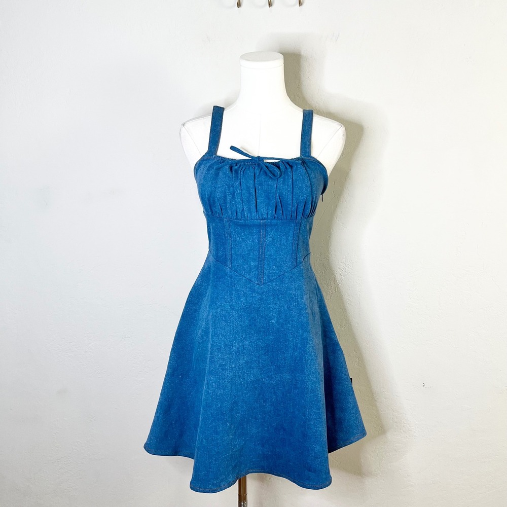 Lulus Denim Mini Dress Corset Bustier Size Medium Blue New Fit Flare Sleeveless